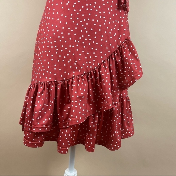 Retro Women's Small Polka Dot Ruffle Tie Wrap Flowy 50's V Neck Swing Dress - Picture 3 of 12